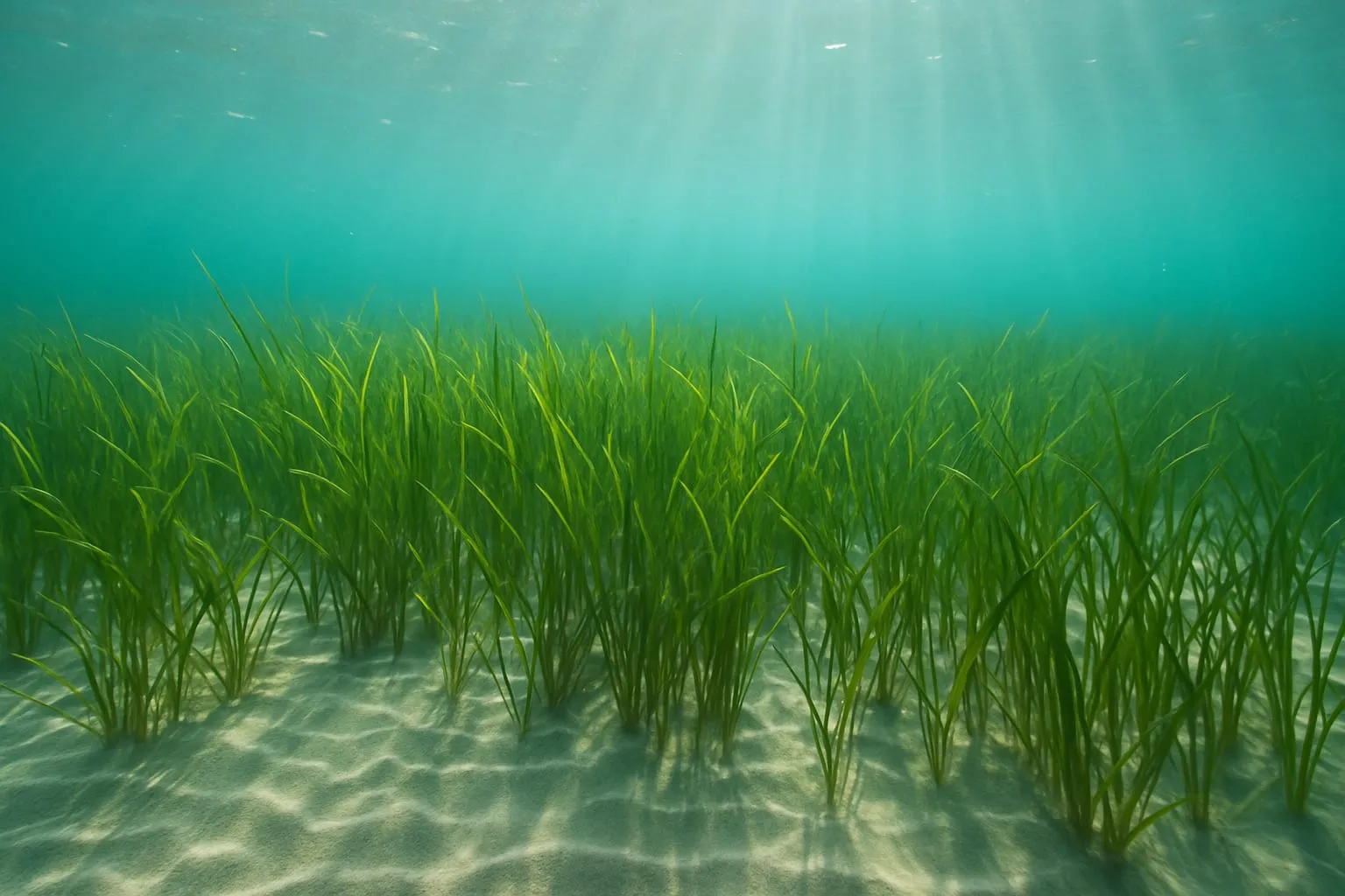 Seagrass held above the water surface at a coastal research site